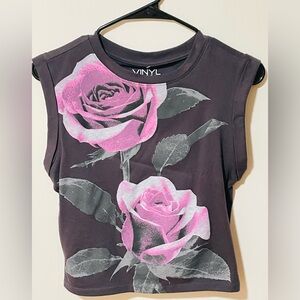 Vinyl Icons Black and Pink Rose Muscle Top S